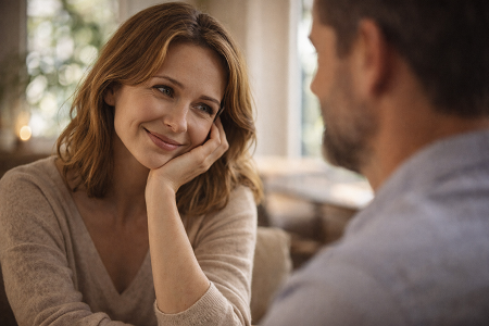 Femme regardant un homme avec un sourire illustrant les signes d'intérêt féminin et l'attirance amoureuse